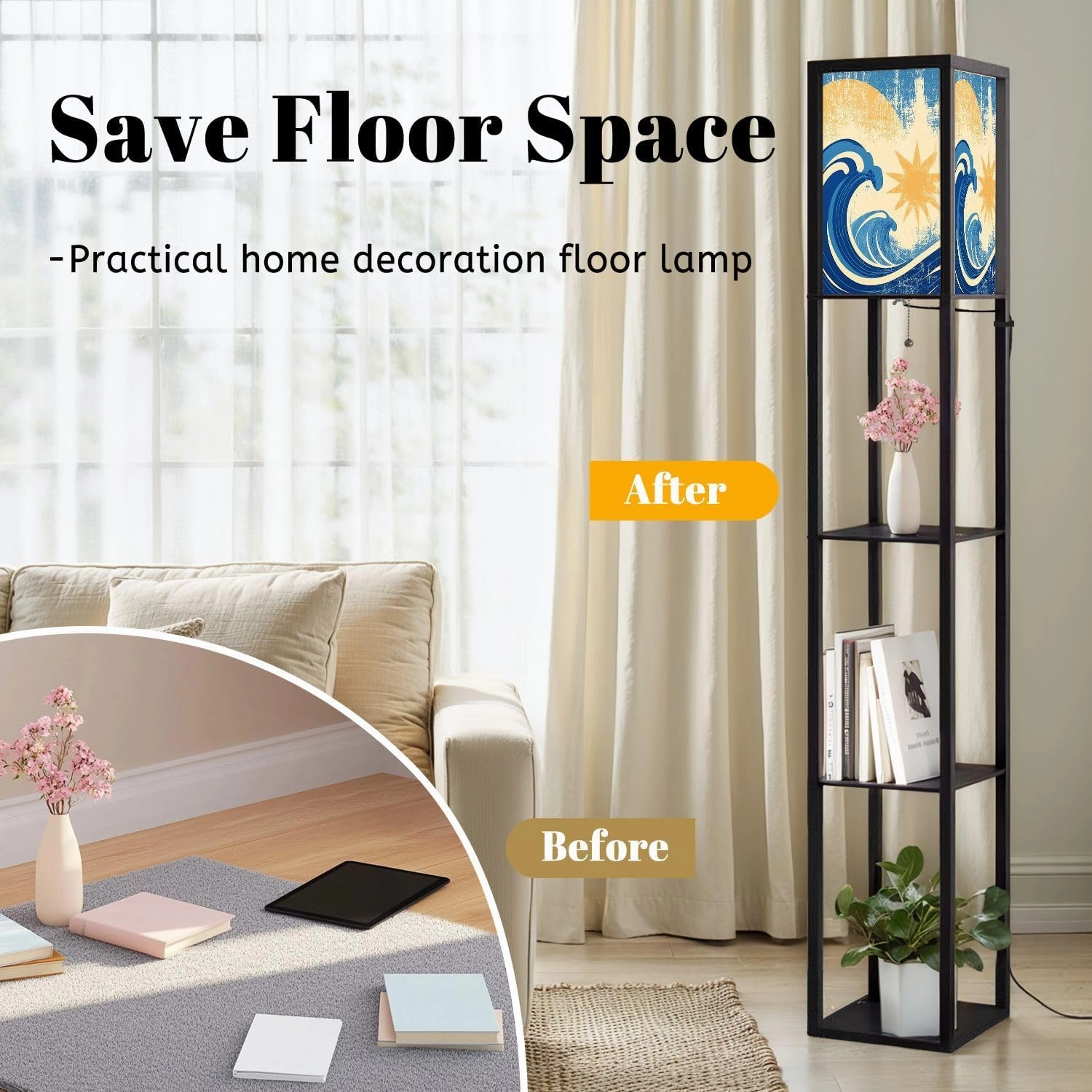 Sea Waves Grunge sea Landscape Raster Floor Lamps with Shelves, Modern Standing Lamp Narrow Corner Display Bookshelf Lamp for Living Room, Bedroom, Office Decor