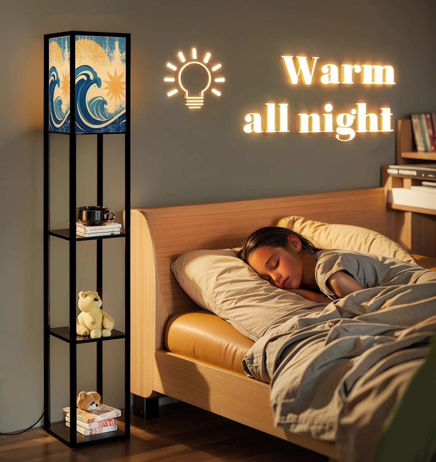 Sea Waves Grunge sea Landscape Raster Floor Lamps with Shelves, Modern Standing Lamp Narrow Corner Display Bookshelf Lamp for Living Room, Bedroom, Office Decor