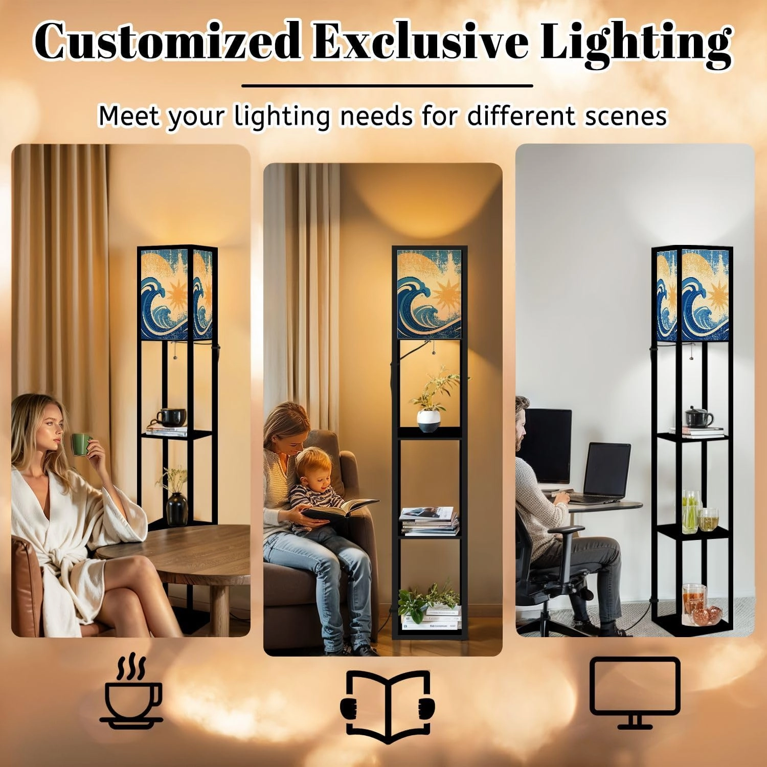 Sea Waves Grunge sea Landscape Raster Floor Lamps with Shelves, Modern Standing Lamp Narrow Corner Display Bookshelf Lamp for Living Room, Bedroom, Office Decor