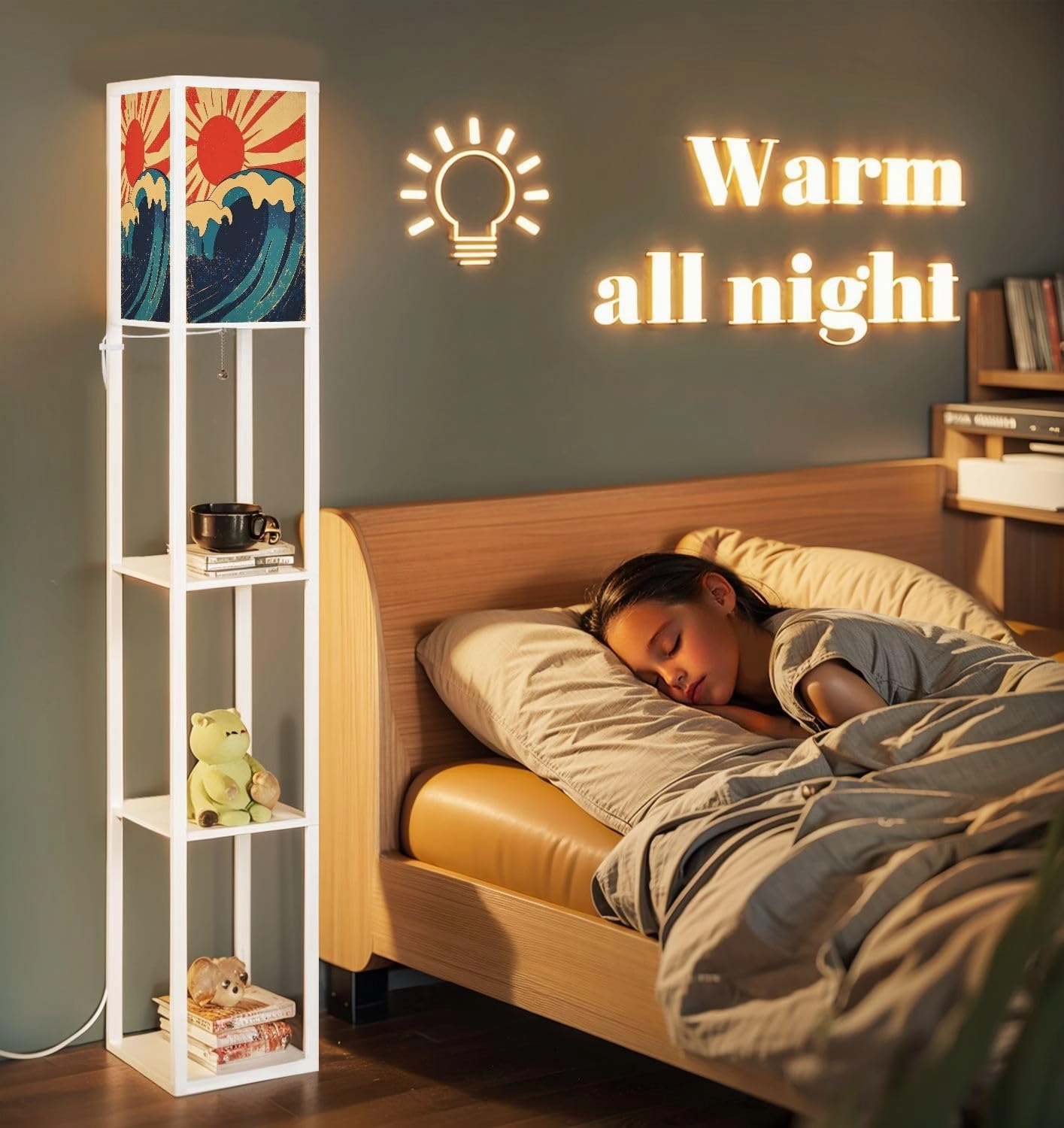 Sea Waves Poster Grunge sea Landscape Old Paper Raster Floor Lamps with Shelves, Modern Standing Lamp Narrow Corner Display Bookshelf Lamp for Living Room, Bedroom, Office Decor