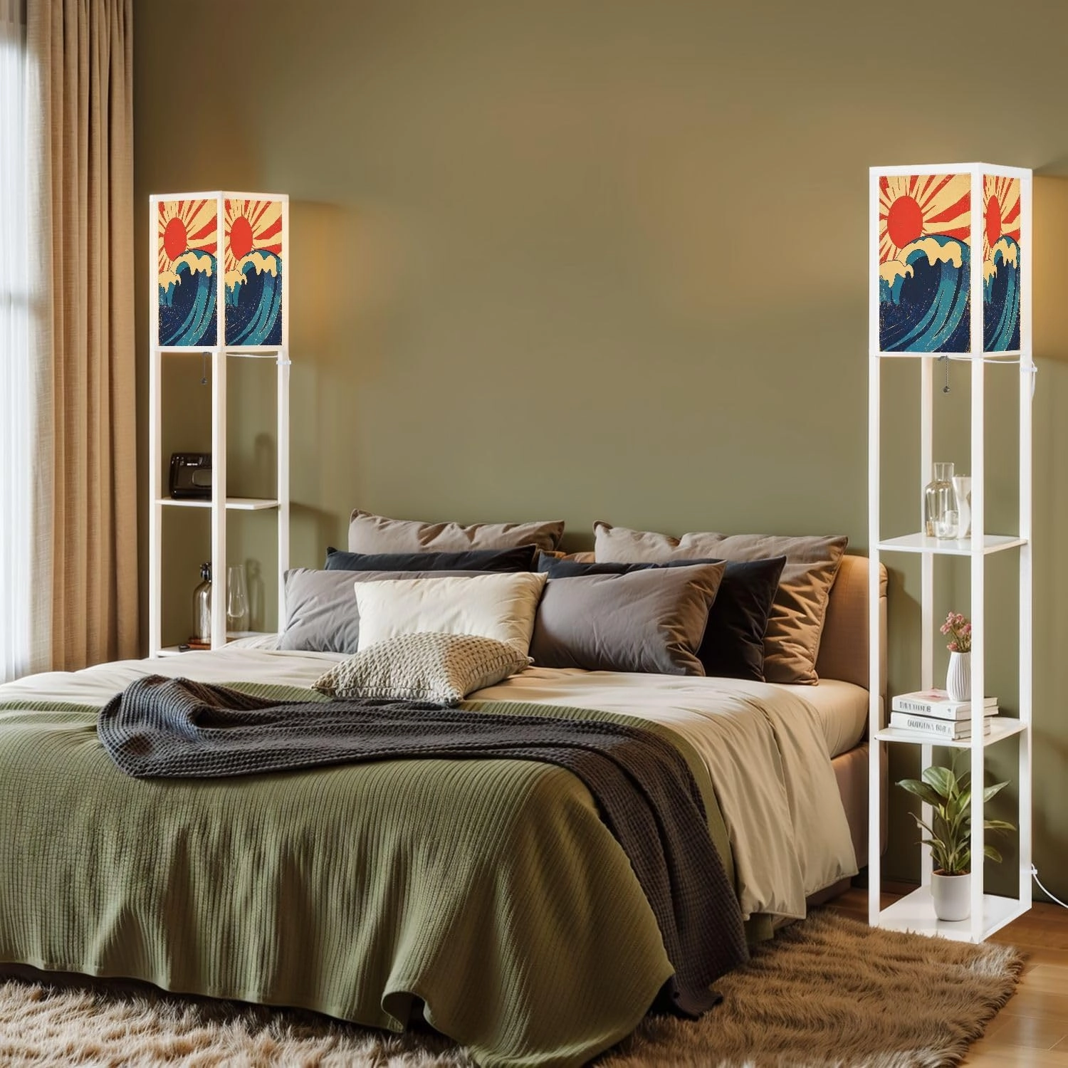 Sea Waves Poster Grunge sea Landscape Old Paper Raster Floor Lamps with Shelves, Modern Standing Lamp Narrow Corner Display Bookshelf Lamp for Living Room, Bedroom, Office Decor