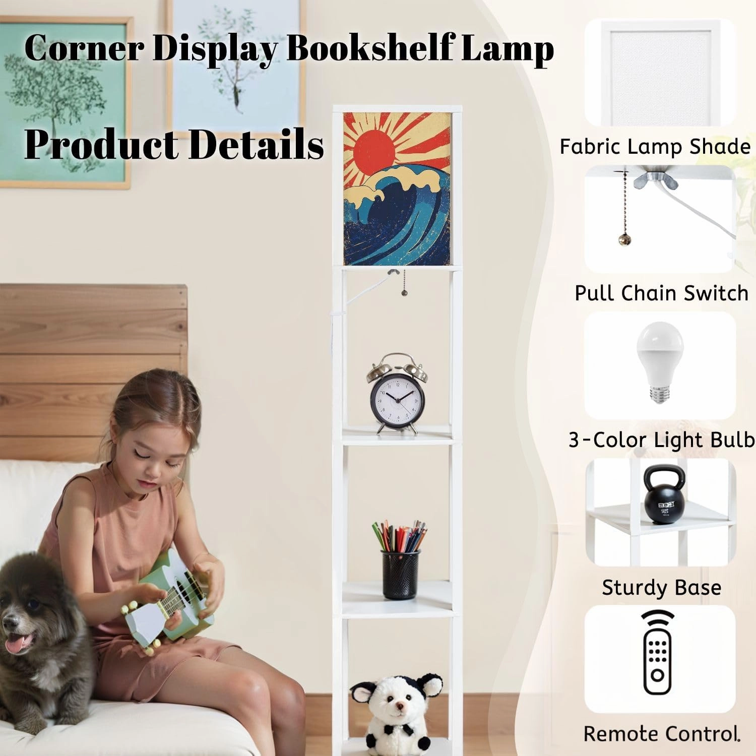 Sea Waves Poster Grunge sea Landscape Old Paper Raster Floor Lamps with Shelves, Modern Standing Lamp Narrow Corner Display Bookshelf Lamp for Living Room, Bedroom, Office Decor