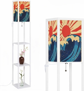Sea Waves Poster Grunge sea Landscape Old Paper Raster Floor Lamps with Shelves, Modern Standing Lamp Narrow Corner Display Bookshelf Lamp for Living Room, Bedroom, Office Decor