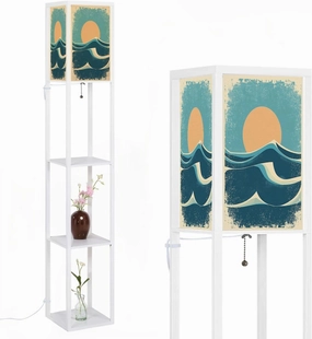 Sea waves vintage seascape sun horizone poster old paper poster Sea Floor Lamps with Shelves, Modern Standing Lamp Narrow Corner Display Bookshelf Lamp for Living Room, Bedroom, Office Decor