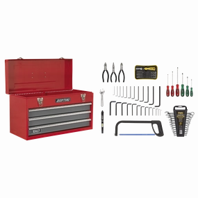 Sealey Portable Tool Chest 3 Drawer with Ball-Bearing Slides - Red/Grey & 93pc Tool Kit