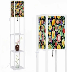 Seamless Watercolor Pattern Tropical Garden Fruit Jungle Nature Floor Lamps with Shelves, Modern Standing Lamp Narrow Corner Display Bookshelf Lamp for Living Room, Bedroom, Office Decor