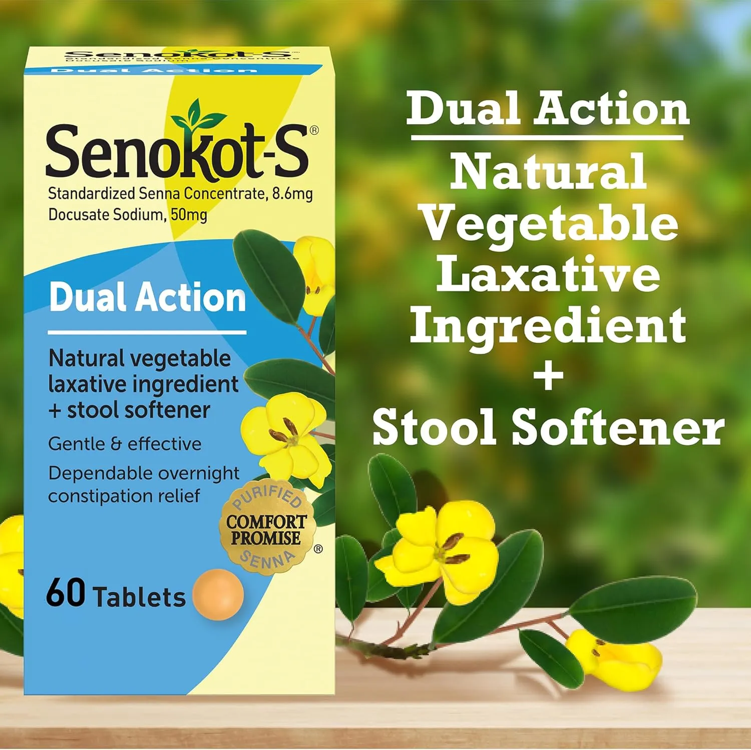 Senokot-S Dual Action 60 Tablets, Natural Vegetable Laxative Ingredient Plus Stool Softener Tablets, Gentle Dependable Overnight Relief Of Occasional Constipation White