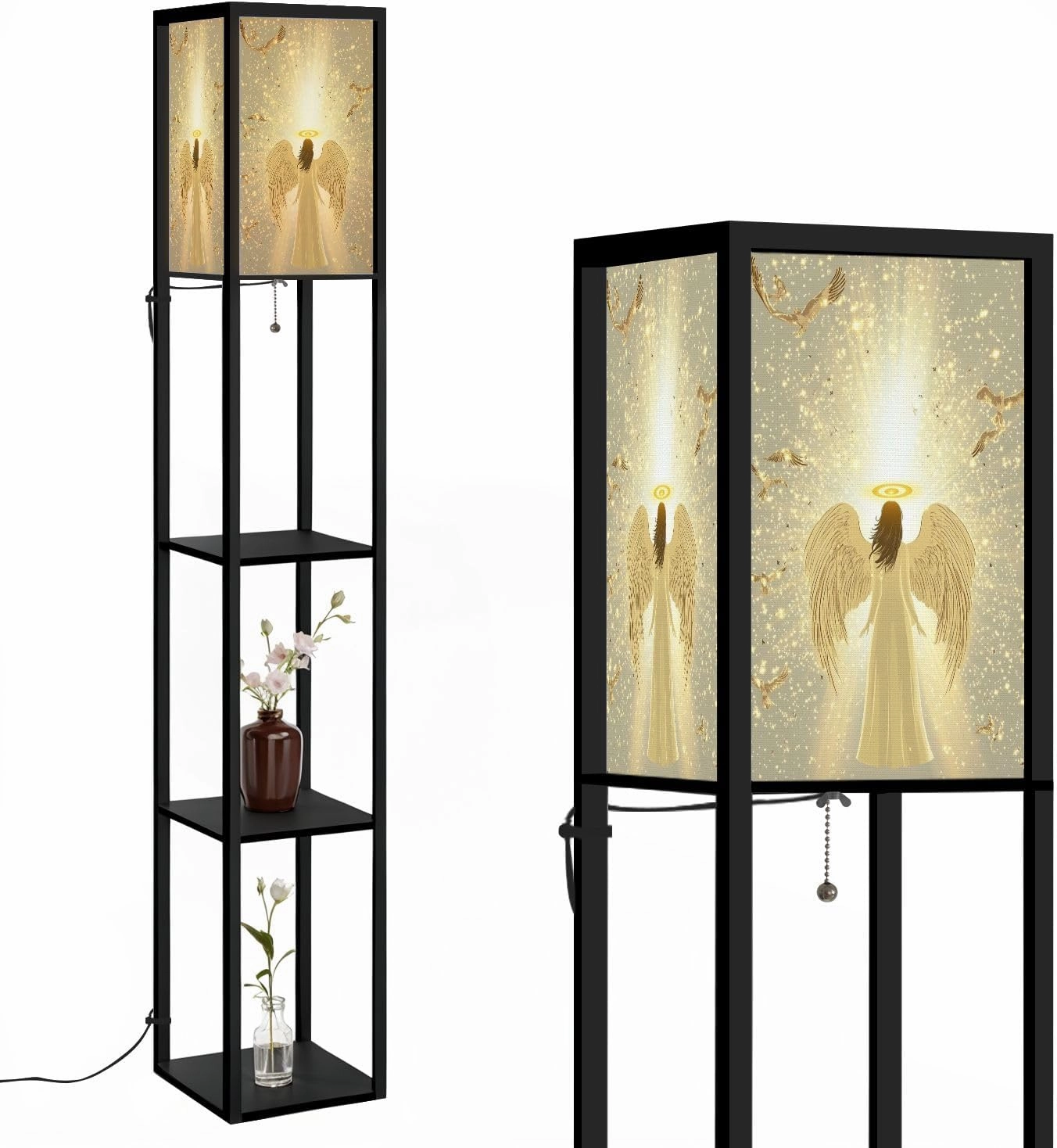 Serene Angel Birds Pastel Gold Decor Poster Floor Lamps with Shelves, Modern Standing Lamp Narrow Corner Display Bookshelf Lamp for Living Room, Bedroom, Office Decor