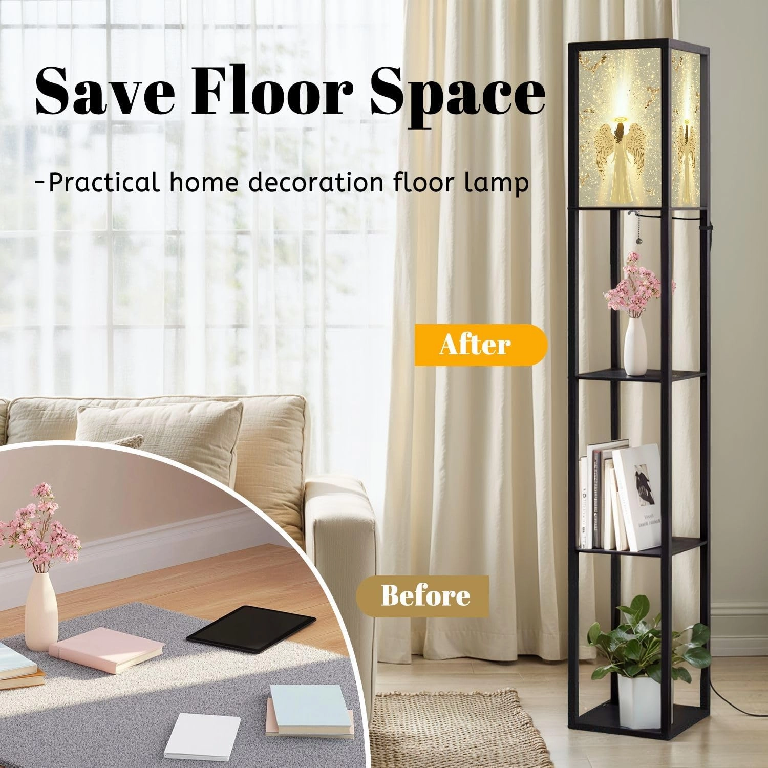Serene Angel Birds Pastel Gold Decor Poster Floor Lamps with Shelves, Modern Standing Lamp Narrow Corner Display Bookshelf Lamp for Living Room, Bedroom, Office Decor