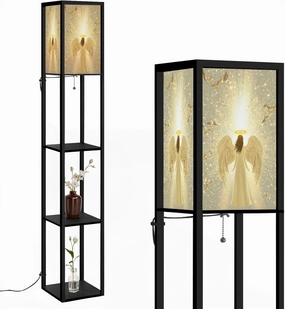Serene Angel Birds Pastel Gold Decor Poster Floor Lamps with Shelves, Modern Standing Lamp Narrow Corner Display Bookshelf Lamp for Living Room, Bedroom, Office Decor
