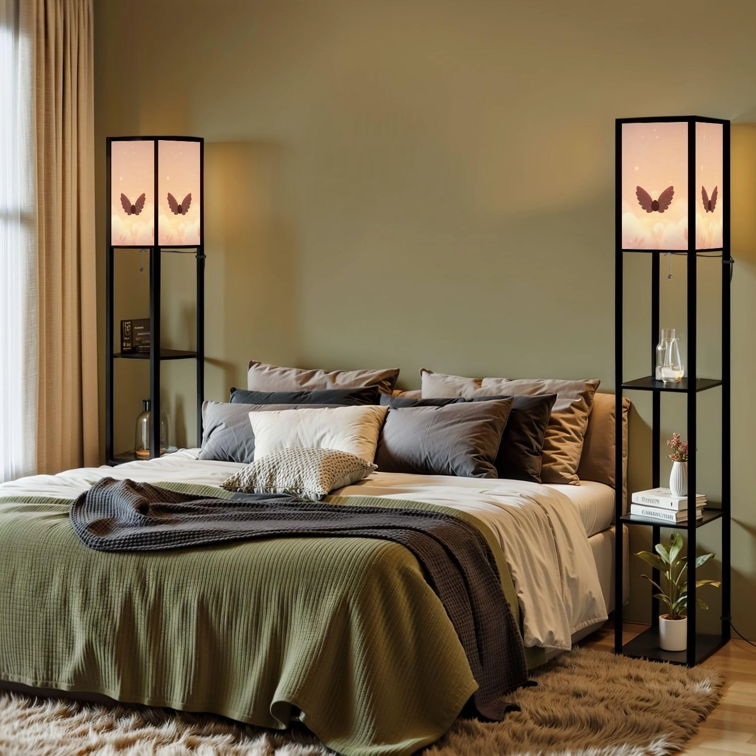 Serene Angel Stylized Wings Morning Glow Floor Lamps with Shelves, Modern Standing Lamp Narrow Corner Display Bookshelf Lamp for Living Room, Bedroom, Office Decor