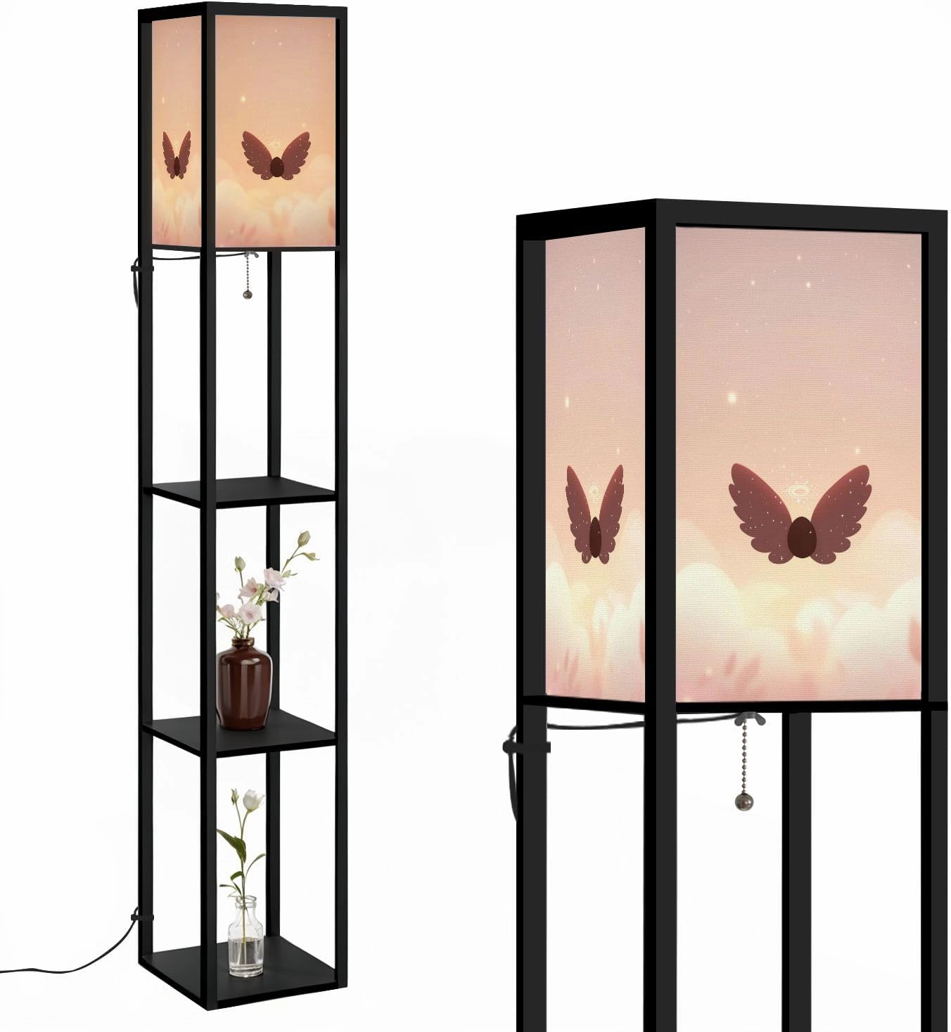 Serene Angel Stylized Wings Morning Glow Floor Lamps with Shelves, Modern Standing Lamp Narrow Corner Display Bookshelf Lamp for Living Room, Bedroom, Office Decor