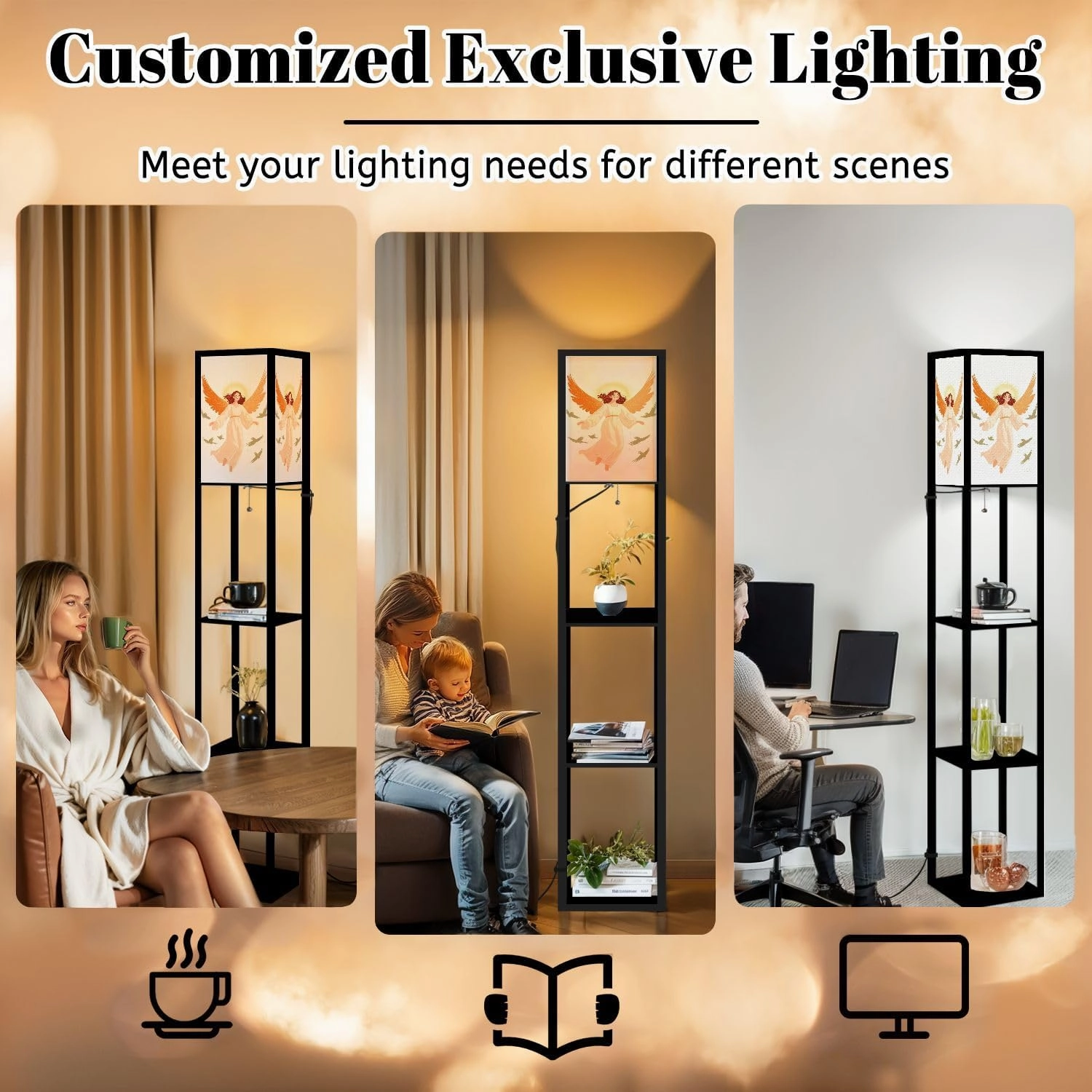 Serene Cartoon Angel Pastel Sky Nimbus Glow Floor Lamps with Shelves, Modern Standing Lamp Narrow Corner Display Bookshelf Lamp for Living Room, Bedroom, Office Decor