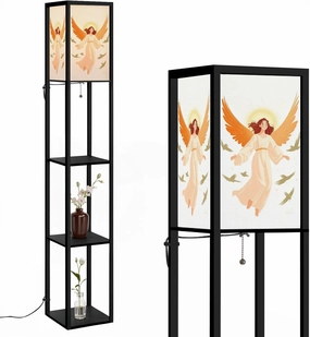 Serene Cartoon Angel Pastel Sky Nimbus Glow Floor Lamps with Shelves, Modern Standing Lamp Narrow Corner Display Bookshelf Lamp for Living Room, Bedroom, Office Decor