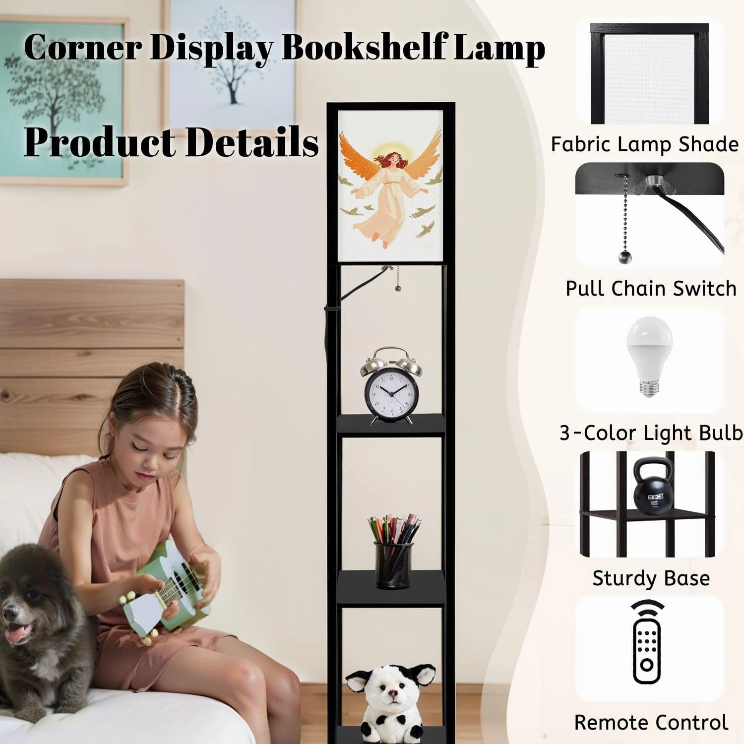 Serene Cartoon Angel Pastel Sky Nimbus Glow Floor Lamps with Shelves, Modern Standing Lamp Narrow Corner Display Bookshelf Lamp for Living Room, Bedroom, Office Decor