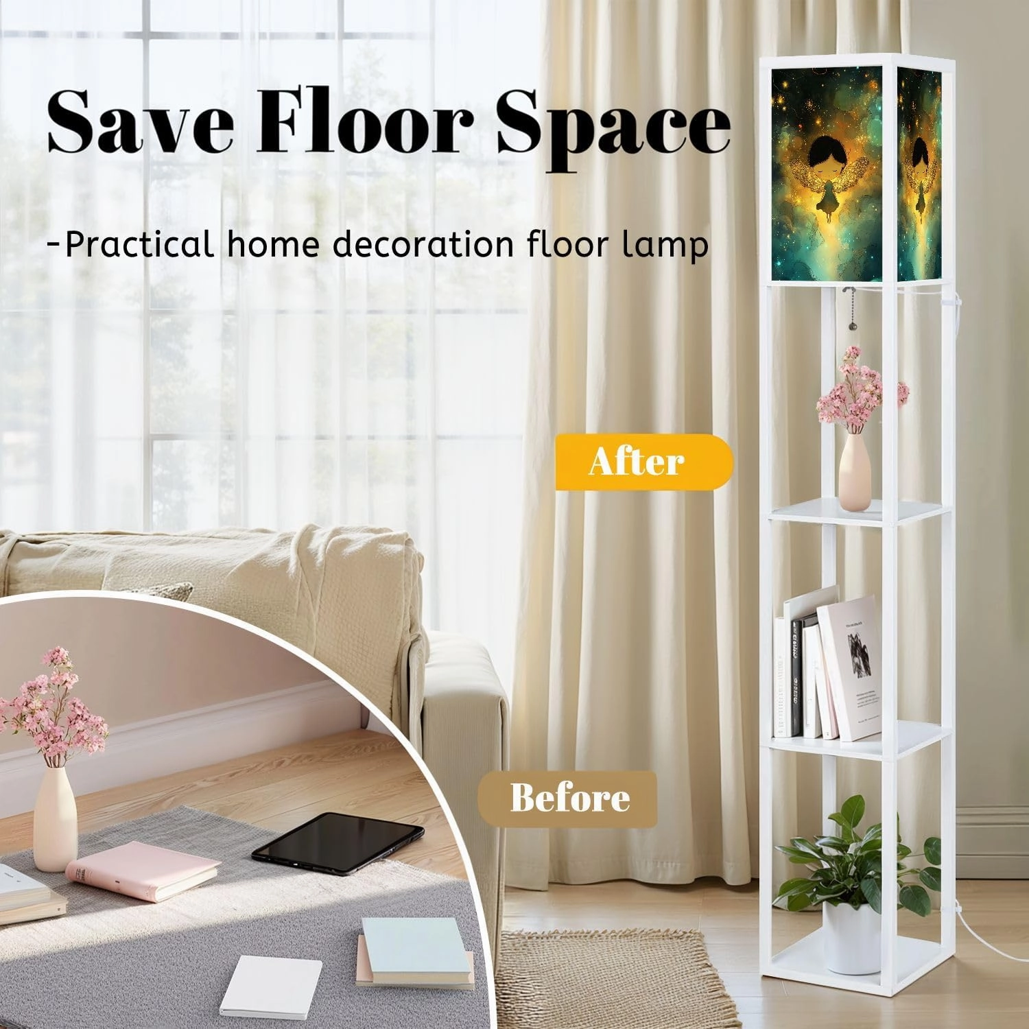 Serene Cartoon Angel Sparkling Wings Art Floor Lamps with Shelves, Modern Standing Lamp Narrow Corner Display Bookshelf Lamp for Living Room, Bedroom, Office Decor
