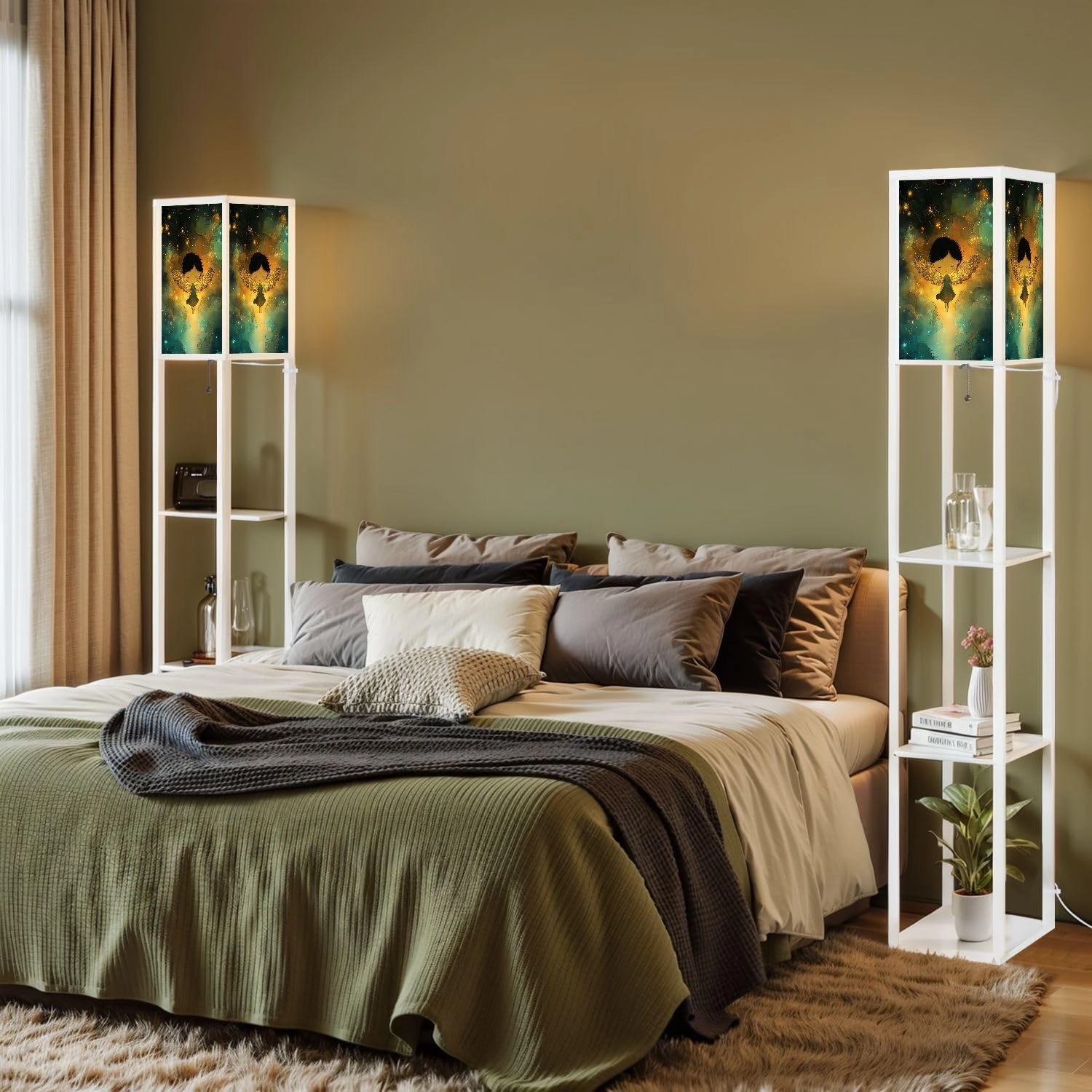 Serene Cartoon Angel Sparkling Wings Art Floor Lamps with Shelves, Modern Standing Lamp Narrow Corner Display Bookshelf Lamp for Living Room, Bedroom, Office Decor