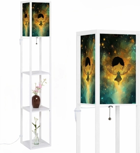 Serene Cartoon Angel Sparkling Wings Art Floor Lamps with Shelves, Modern Standing Lamp Narrow Corner Display Bookshelf Lamp for Living Room, Bedroom, Office Decor
