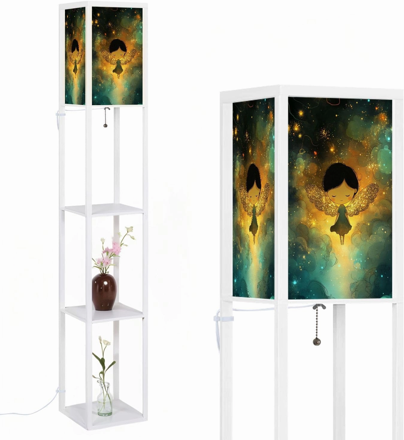 Serene Cartoon Angel Sparkling Wings Art Floor Lamps with Shelves, Modern Standing Lamp Narrow Corner Display Bookshelf Lamp for Living Room, Bedroom, Office Decor