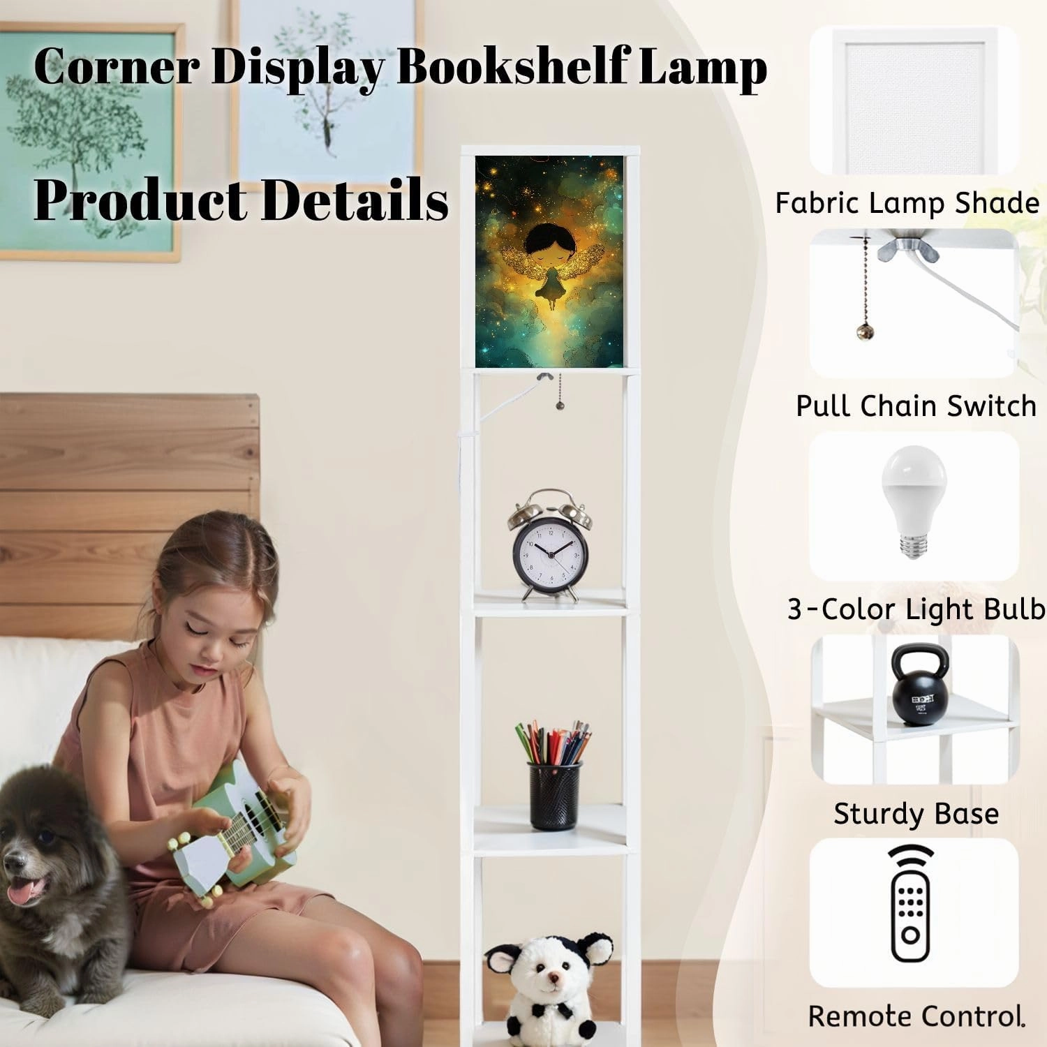 Serene Cartoon Angel Sparkling Wings Art Floor Lamps with Shelves, Modern Standing Lamp Narrow Corner Display Bookshelf Lamp for Living Room, Bedroom, Office Decor