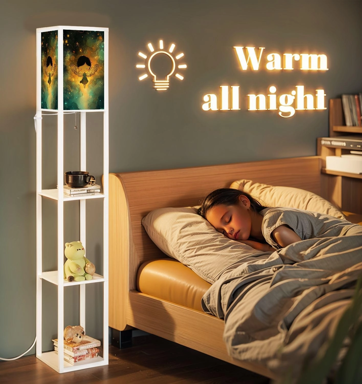 Serene Cartoon Angel Sparkling Wings Art Floor Lamps with Shelves, Modern Standing Lamp Narrow Corner Display Bookshelf Lamp for Living Room, Bedroom, Office Decor