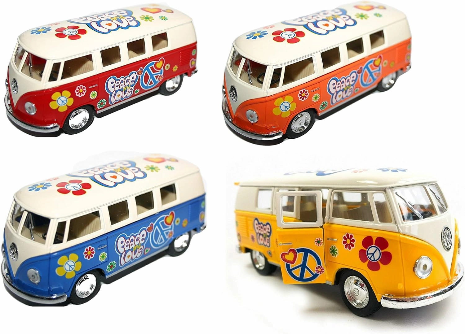 Set of 4: 5" Classic 1962 Volkswagen Van with Decal 1:32 Scale (Green/Maroon/Red/Yellow)