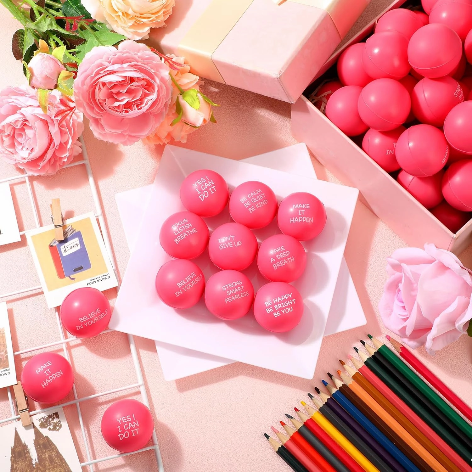 Shappy 72 Pcs Inspirational Stress Relief Balls Motivational Stress Ball Encouraging PU Bulk Stress Balls for Adults Small Therapy Fidget Relief Toys for Valentines Gifts Fidget Anxiety(Pink)