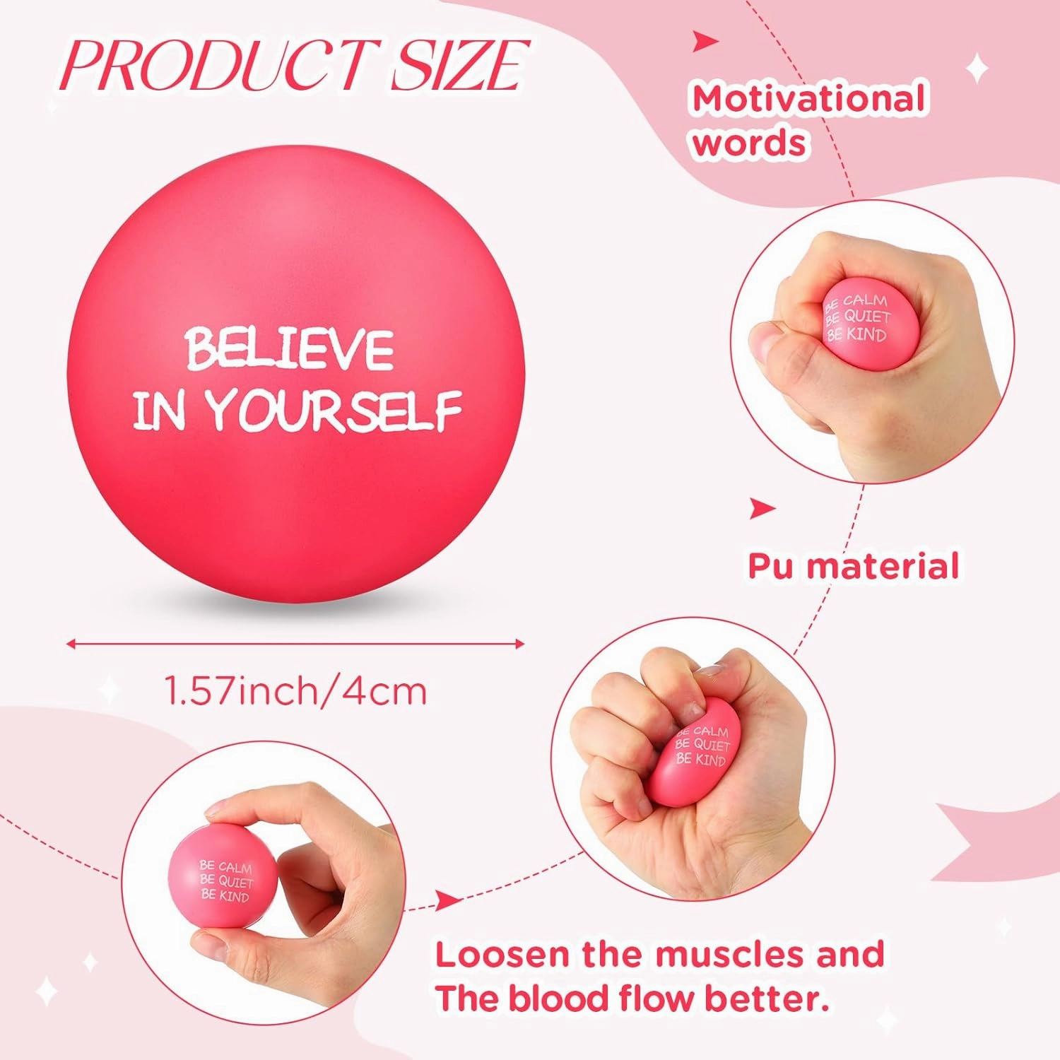Shappy 72 Pcs Inspirational Stress Relief Balls Motivational Stress Ball Encouraging PU Bulk Stress Balls for Adults Small Therapy Fidget Relief Toys for Valentines Gifts Fidget Anxiety(Pink)
