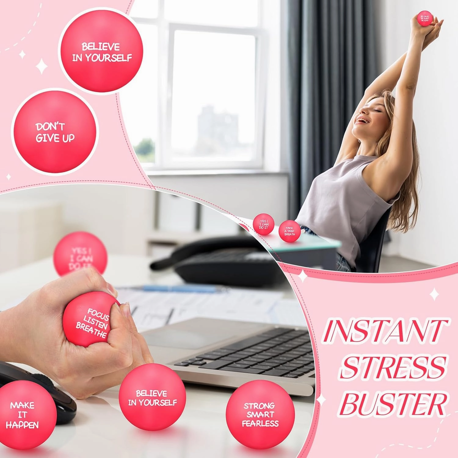 Shappy 72 Pcs Inspirational Stress Relief Balls Motivational Stress Ball Encouraging PU Bulk Stress Balls for Adults Small Therapy Fidget Relief Toys for Valentines Gifts Fidget Anxiety(Pink)