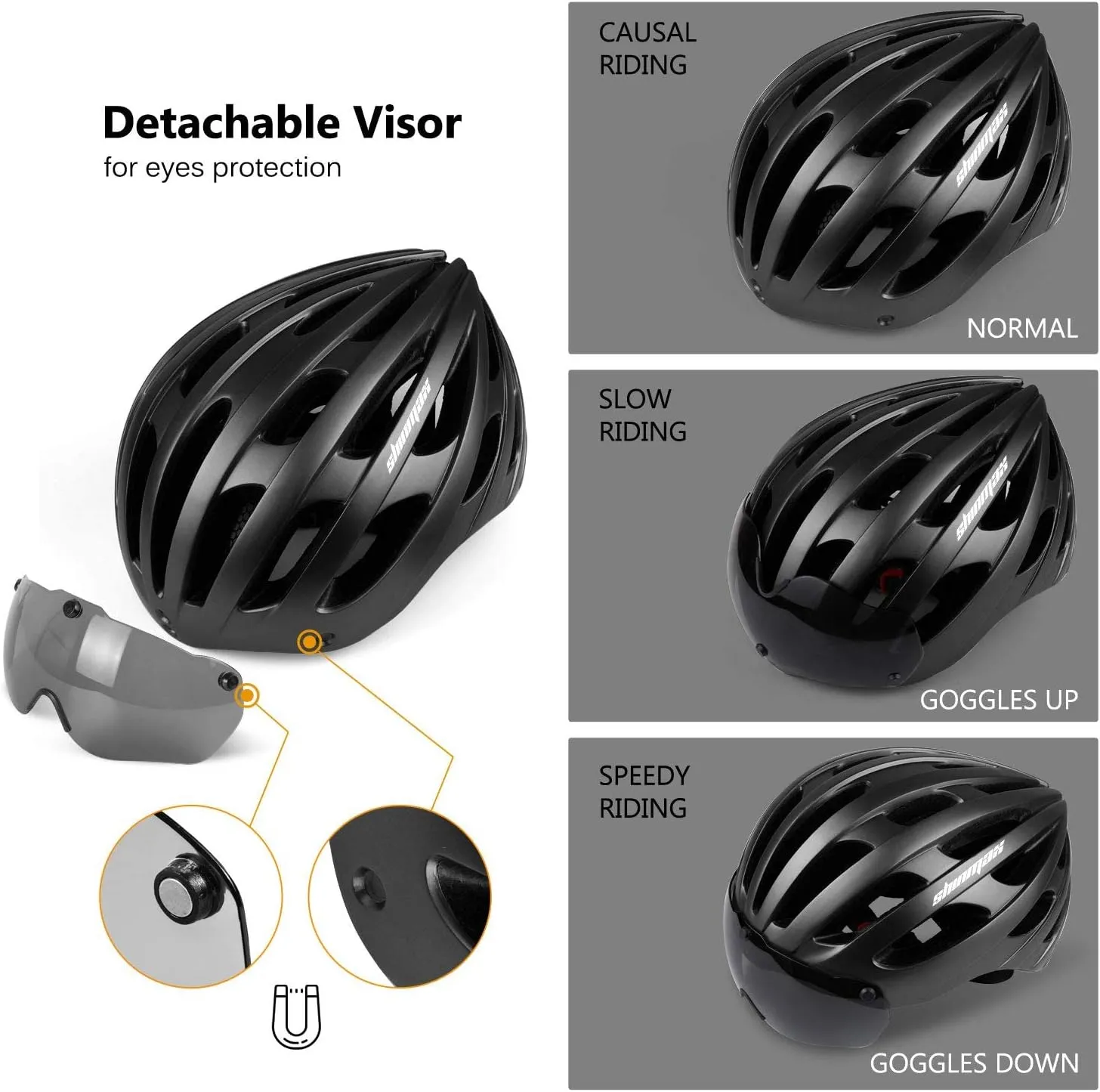 Shinmax Bike Helmet with USB Rechargeable Light & Detachable Magnetic Goggles UV Protective, Bicycle Helmet Men Women Mountain Road Adjustable Adult Cycling Helmet (WT-049)