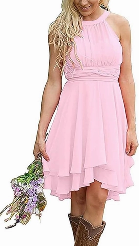 Short Bridesmaid Dresses 2024 Western Wedding Guest Dresses A Line Halter Ruffle Pleated Summer Formal Party Dress
