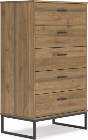 Signature Design by Ashley Deanlow Mid-Century Modern 5 Drawer Wide Chest with Safety Stop for Bedroom, Light Brown & Black