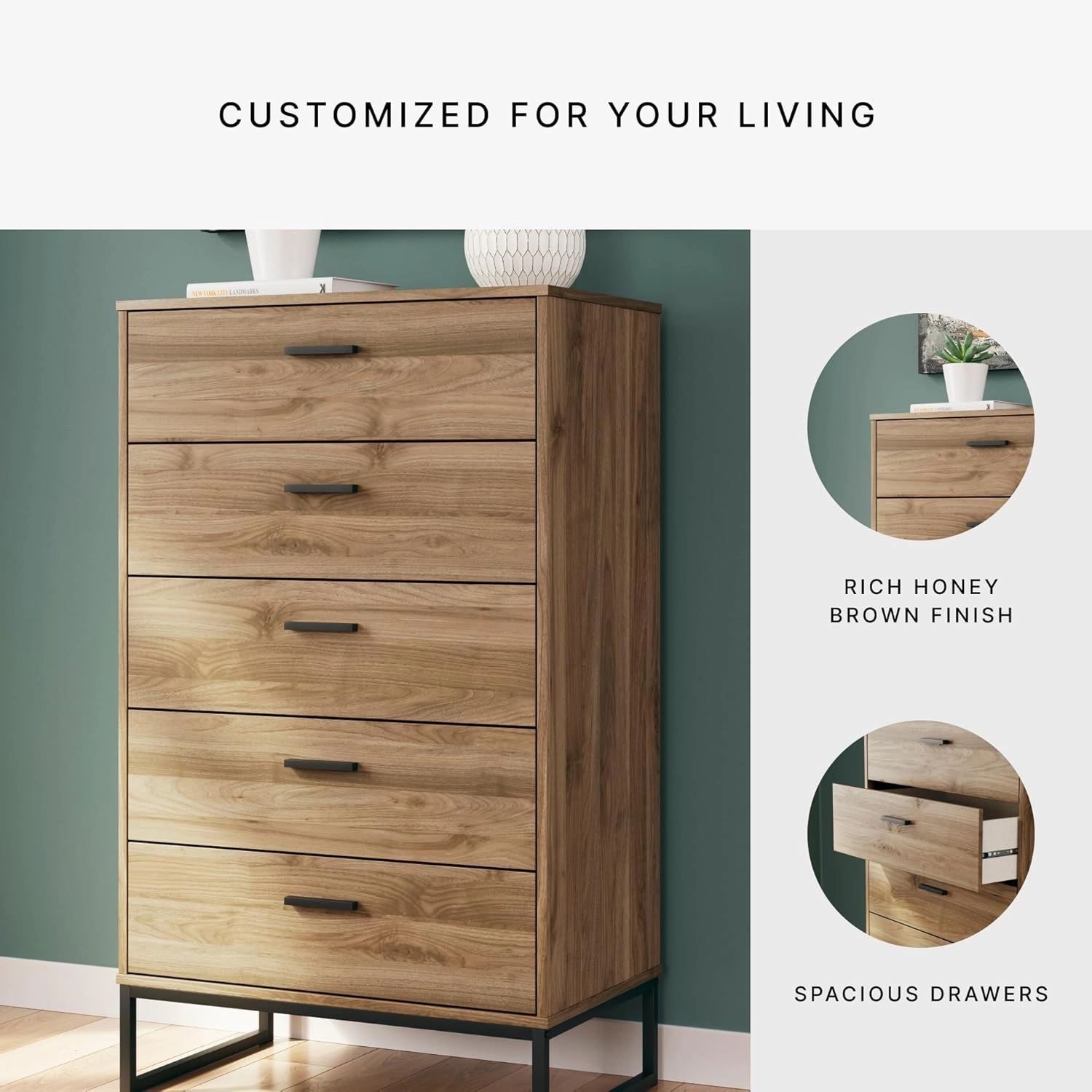 Signature Design by Ashley Deanlow Mid-Century Modern 5 Drawer Wide Chest with Safety Stop for Bedroom, Light Brown & Black