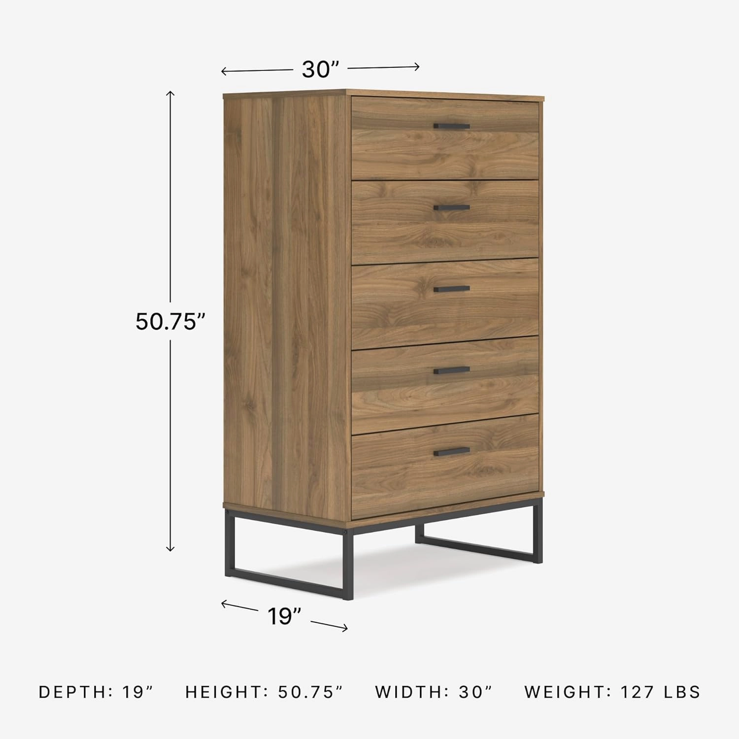 Signature Design by Ashley Deanlow Mid-Century Modern 5 Drawer Wide Chest with Safety Stop for Bedroom, Light Brown & Black