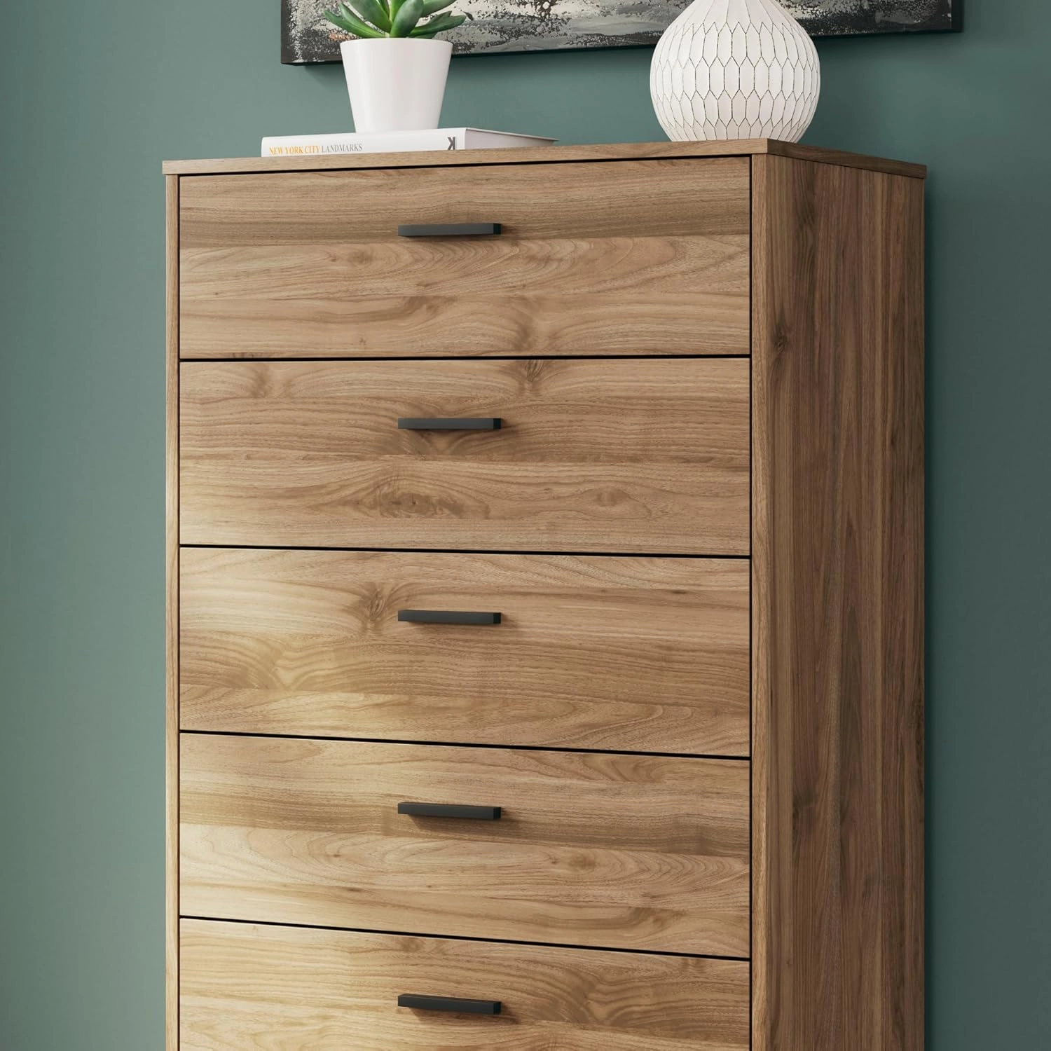 Signature Design by Ashley Deanlow Mid-Century Modern 5 Drawer Wide Chest with Safety Stop for Bedroom, Light Brown & Black