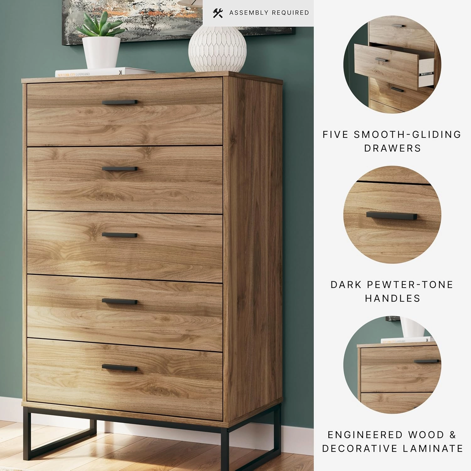 Signature Design by Ashley Deanlow Mid-Century Modern 5 Drawer Wide Chest with Safety Stop for Bedroom, Light Brown & Black