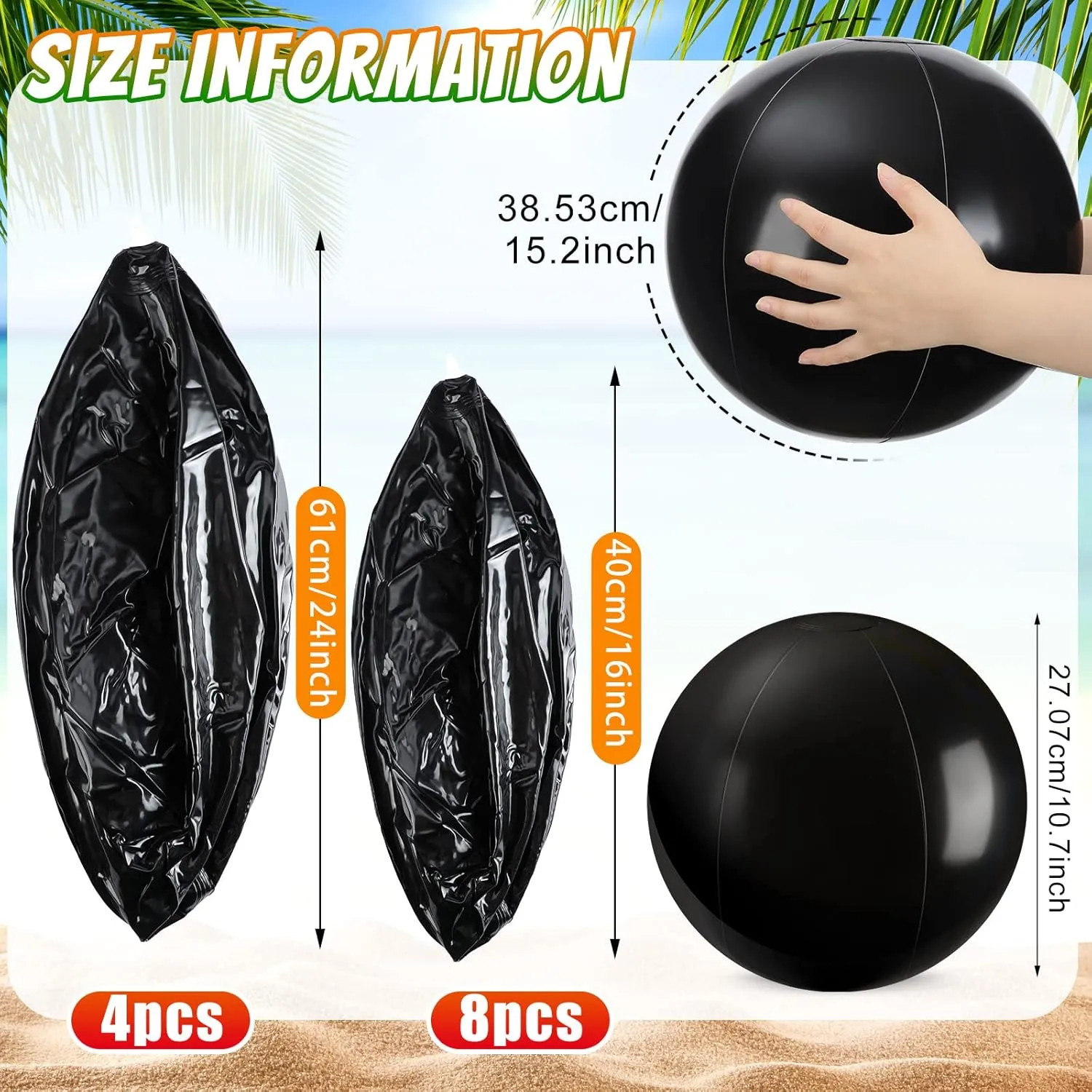 Sinmoe 12 Pieces Inflatable White Beach Ball Bulk Summer Solid Swimming Pool Floating Blow up Ball DIY Paint Craft for Boys Girls Hawaii Luau Birthday Beach Graduation Party(16 Inch, 24 Inch,Black)