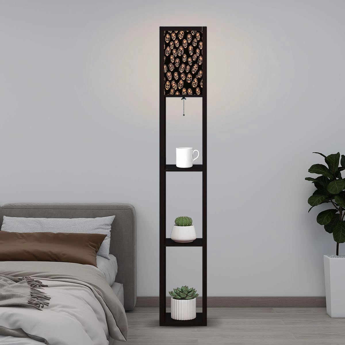 Skull Seamless Pattern Floor Lamps with Shelves, Modern Standing Lamp Narrow Corner Display Bookshelf Lamp for Living Room, Bedroom, Office Decor