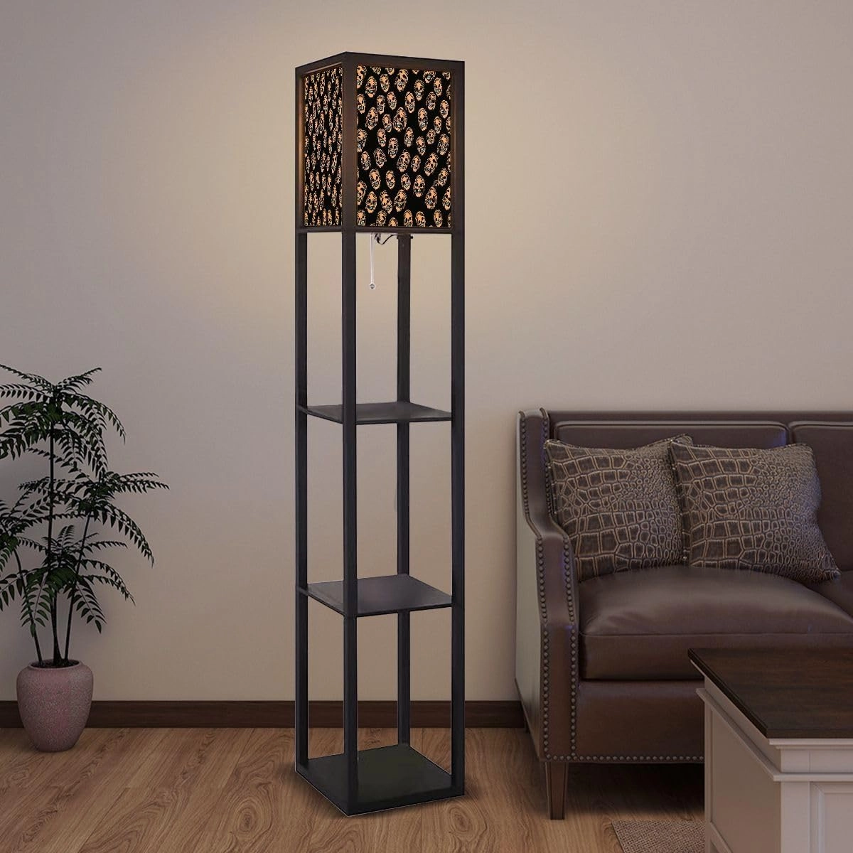 Skull Seamless Pattern Floor Lamps with Shelves, Modern Standing Lamp Narrow Corner Display Bookshelf Lamp for Living Room, Bedroom, Office Decor