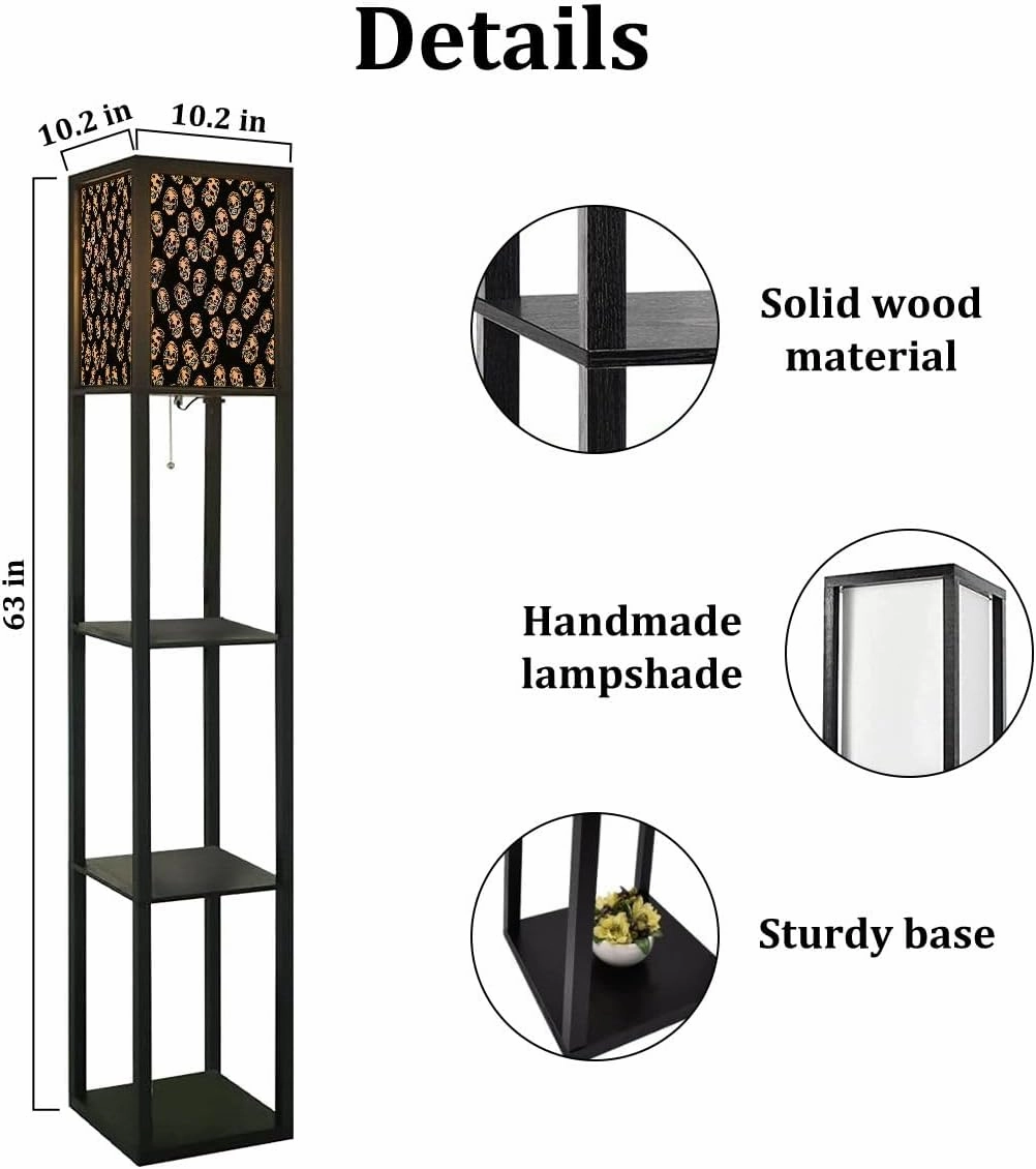 Skull Seamless Pattern Floor Lamps with Shelves, Modern Standing Lamp Narrow Corner Display Bookshelf Lamp for Living Room, Bedroom, Office Decor
