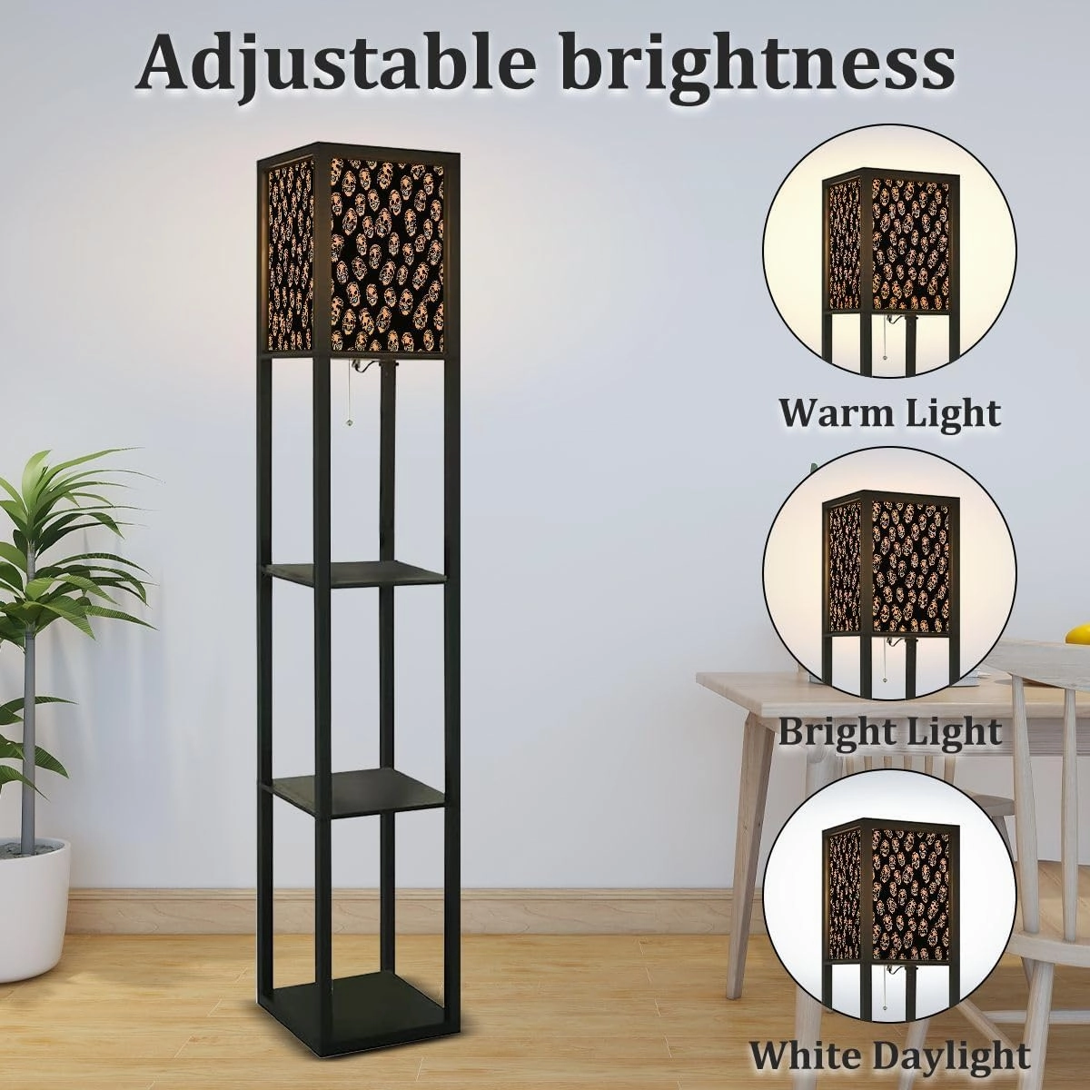 Skull Seamless Pattern Floor Lamps with Shelves, Modern Standing Lamp Narrow Corner Display Bookshelf Lamp for Living Room, Bedroom, Office Decor