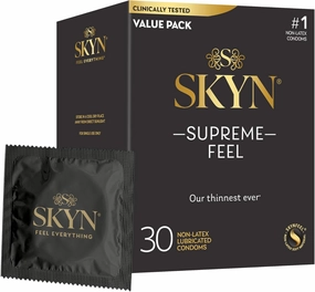 SKYN Supreme Feel Non-Latex Condoms, 30 Count, Ultra-Thin & Pre-Lubricated for a Natural, Smooth Fit