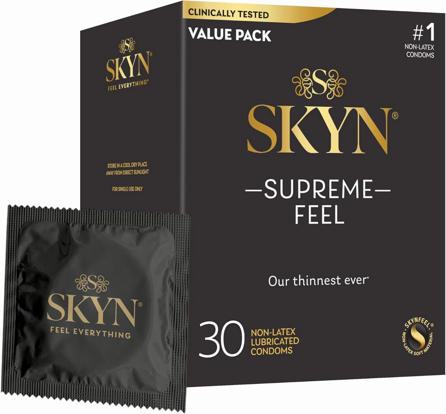 SKYN Supreme Feel Non-Latex Condoms, 30 Count, Ultra-Thin & Pre-Lubricated for a Natural, Smooth Fit
