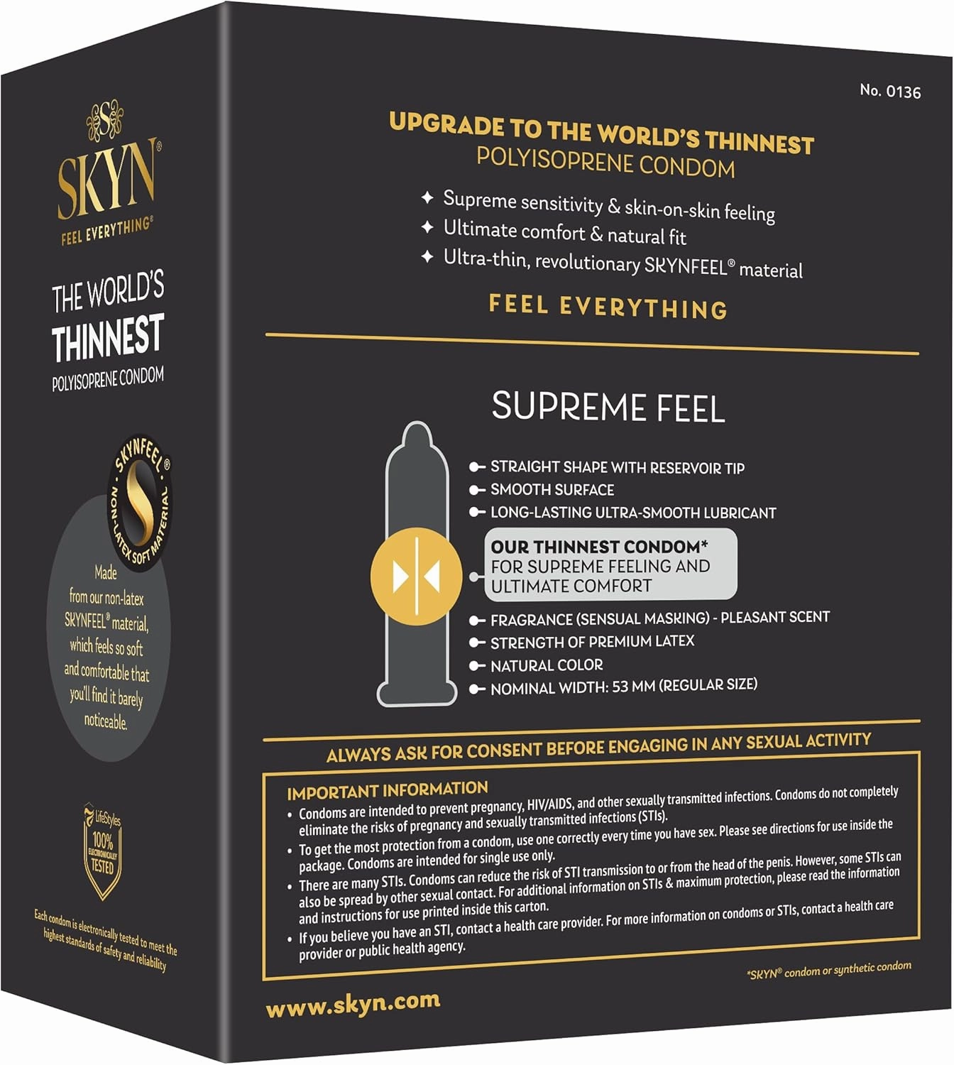 SKYN Supreme Feel Non-Latex Condoms, 30 Count, Ultra-Thin & Pre-Lubricated for a Natural, Smooth Fit