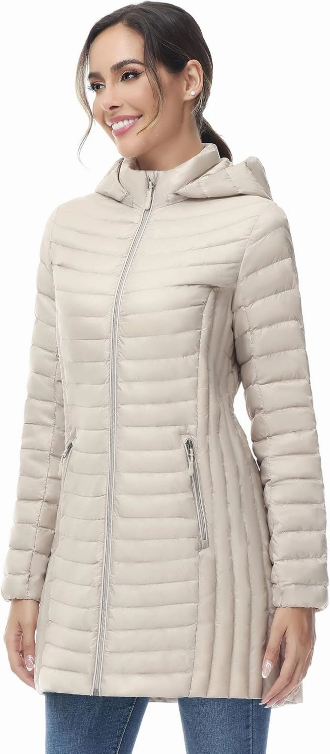 SLOW DOWN Women Ultra Light Down Jacket Packable Puffer Jacket Coat Hooded Mid Length Winter Outwear