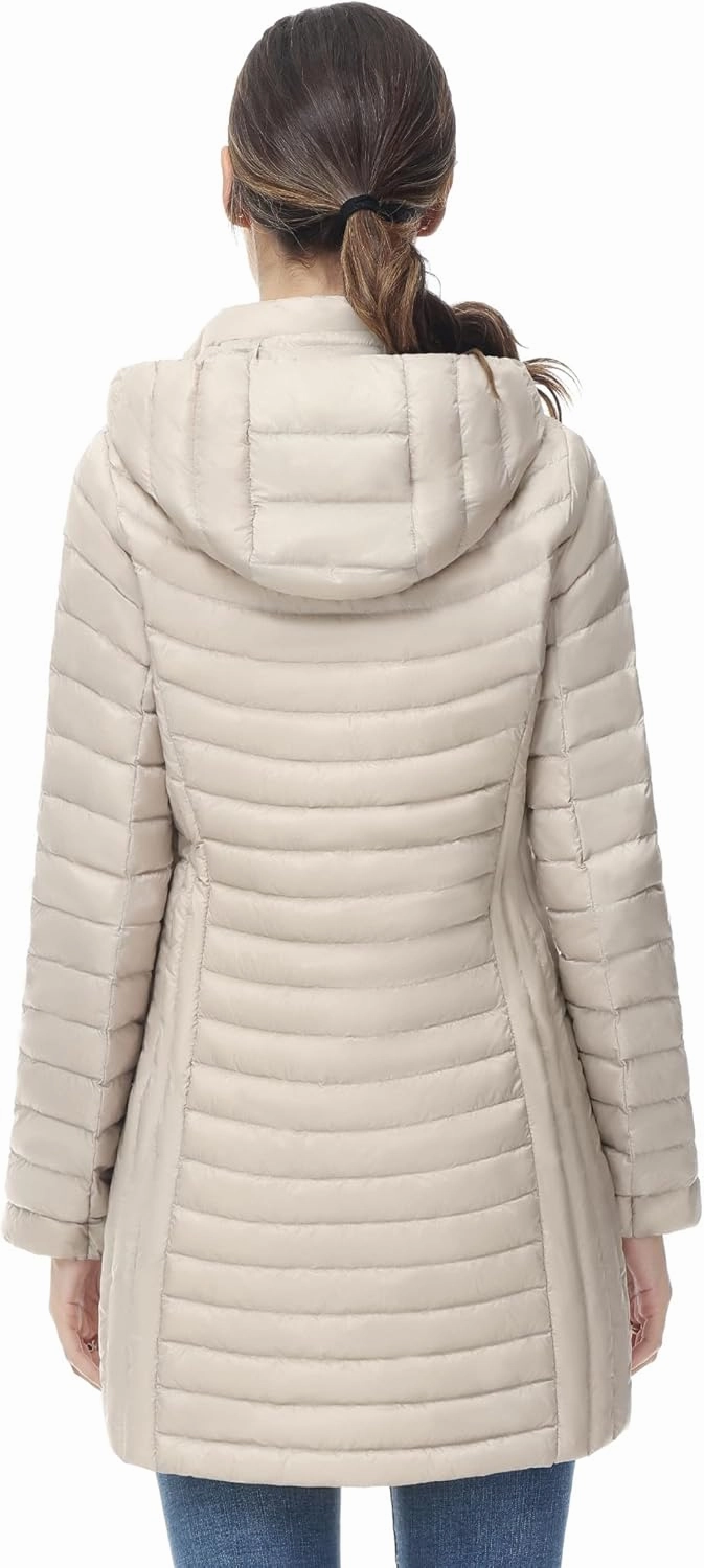 SLOW DOWN Women Ultra Light Down Jacket Packable Puffer Jacket Coat Hooded Mid Length Winter Outwear