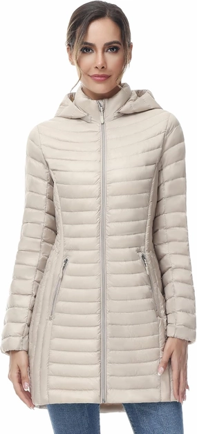 SLOW DOWN Women Ultra Light Down Jacket Packable Puffer Jacket Coat Hooded Mid Length Winter Outwear