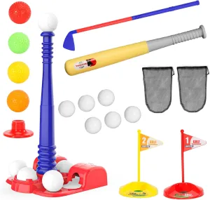 SMILESSKIDDO Tball Set and Golf Clubs for Toddlers 3-5 - T-Ball & Glof 2 in 1 Playset, Indoor & Outdoor Sport Toys | Gifts for Ages 3 4 5 6  Year Old Kids Boys and Girls