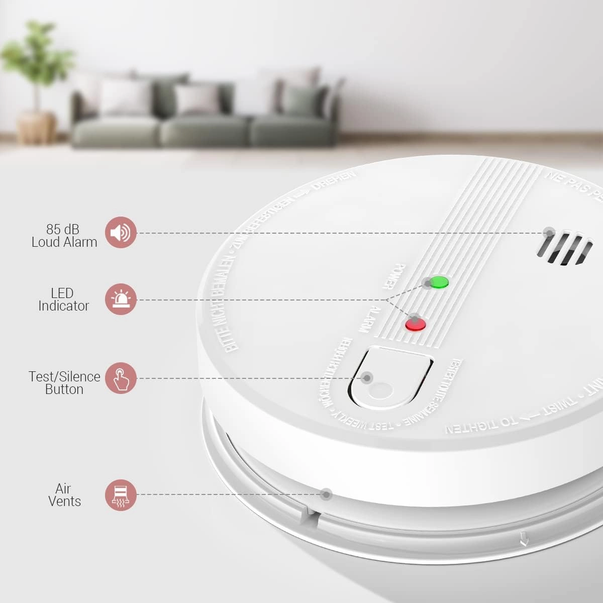 Smoke Detector, Hardwired Interconnected Smoke Detectors, Smoke Alarm with Replaceable 9V Battery, Interconnects Up to 12 Fire Alarms Smoke Detectors, Fire Alarm with Test/Silence Button 4 Packs