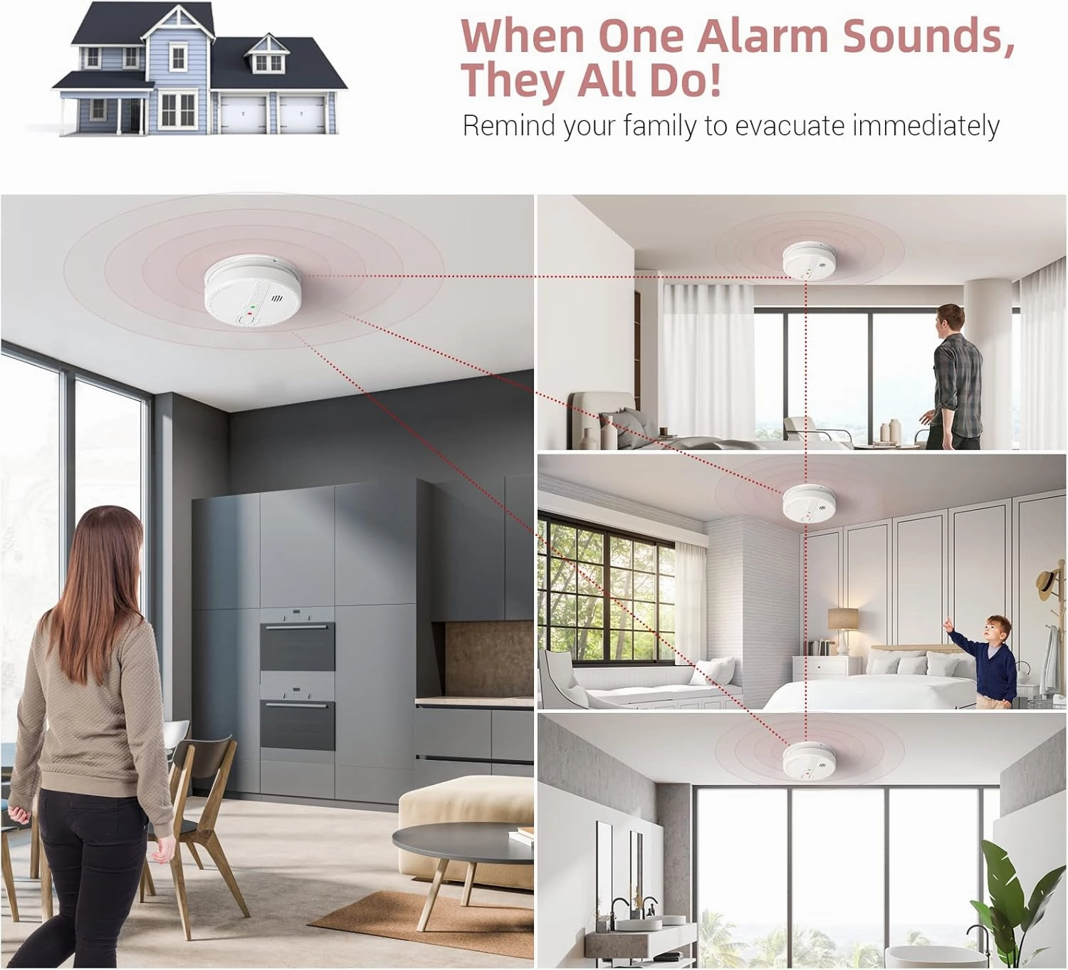 Smoke Detector, Hardwired Interconnected Smoke Detectors, Smoke Alarm with Replaceable 9V Battery, Interconnects Up to 12 Fire Alarms Smoke Detectors, Fire Alarm with Test/Silence Button 4 Packs
